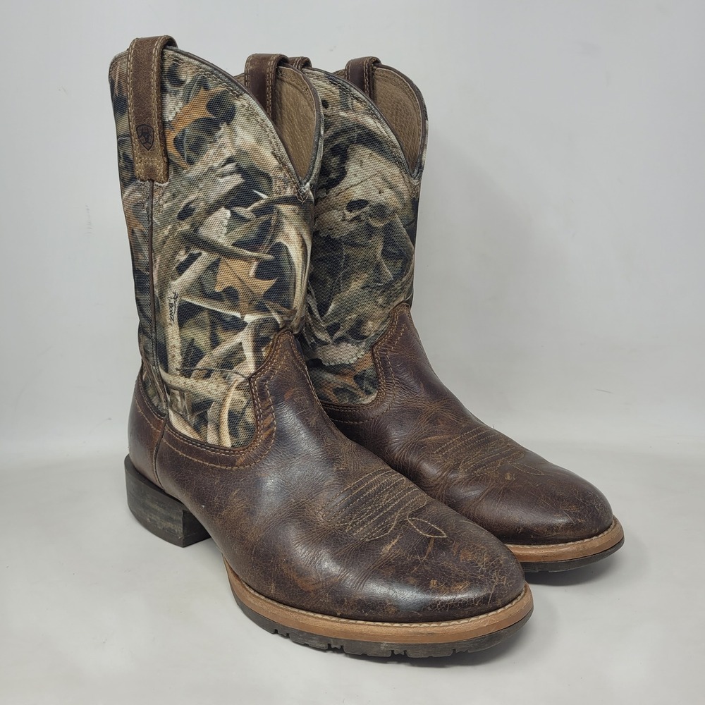 Ariat Boots Men 8D Brown Leather Camo Hybrid Rancher Work Western Cowboy10012778